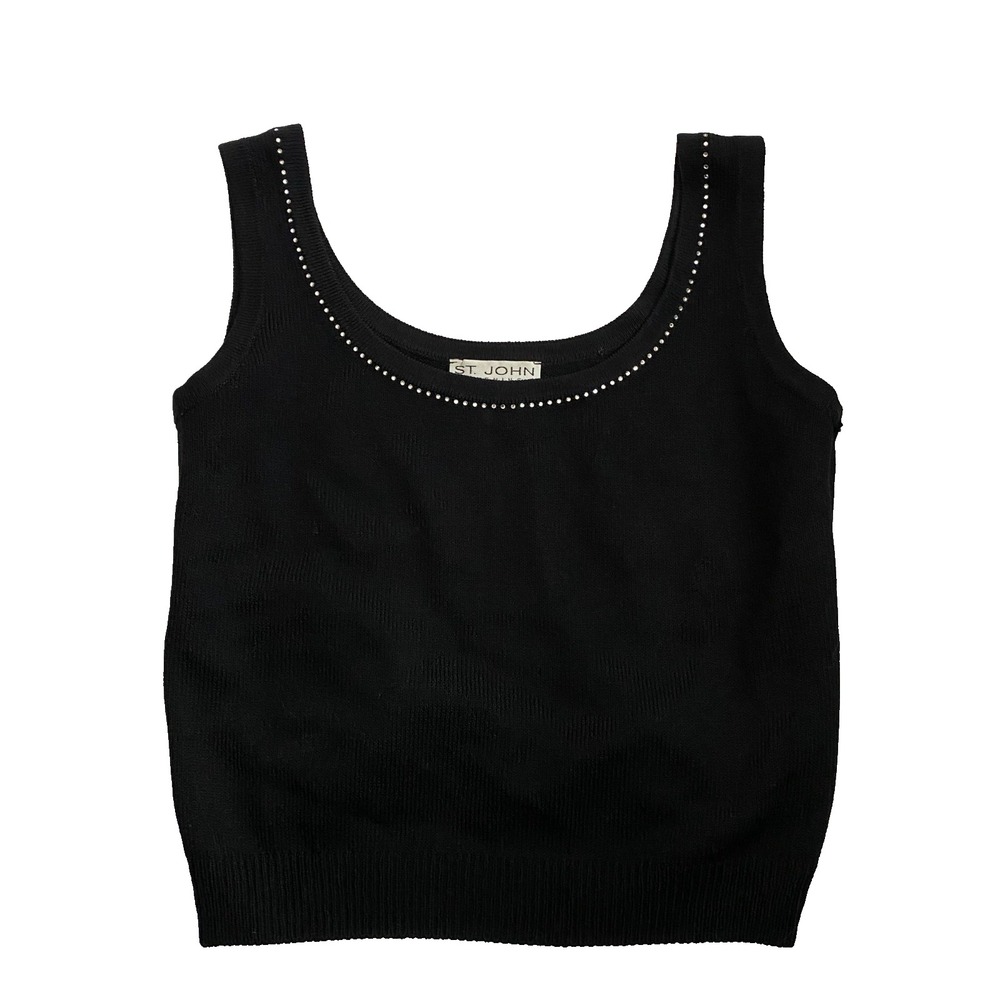 ST JOHN EVENING ~  Scoop Neck Rhinestone Trimmed Black Santana Knit Tank sz S